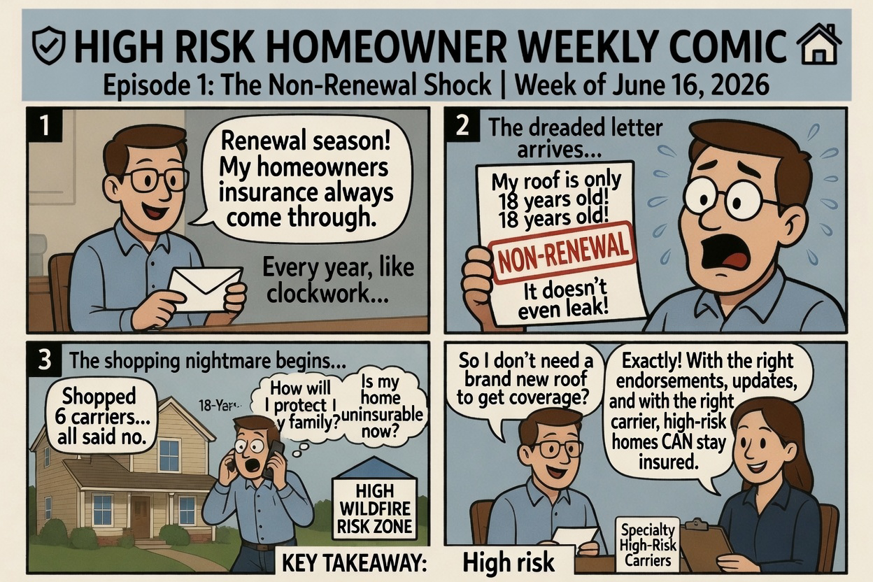 Four-panel comic titled "High Risk Homeowner Weekly Comic, Episode 1: The Non-Renewal Shock." Panel 1: a homeowner happily opens his renewal letter. Panel 2: he is shocked by a non-renewal notice citing an 18-year-old roof. Panel 3: six carriers decline coverage on his home in a high wildfire risk zone. Panel 4: an agent explains that with the right endorsements and a specialty high-risk carrier, his home can stay insured.