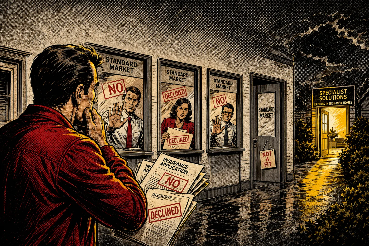 Homeowner holding declined applications outside standard insurance market windows.
