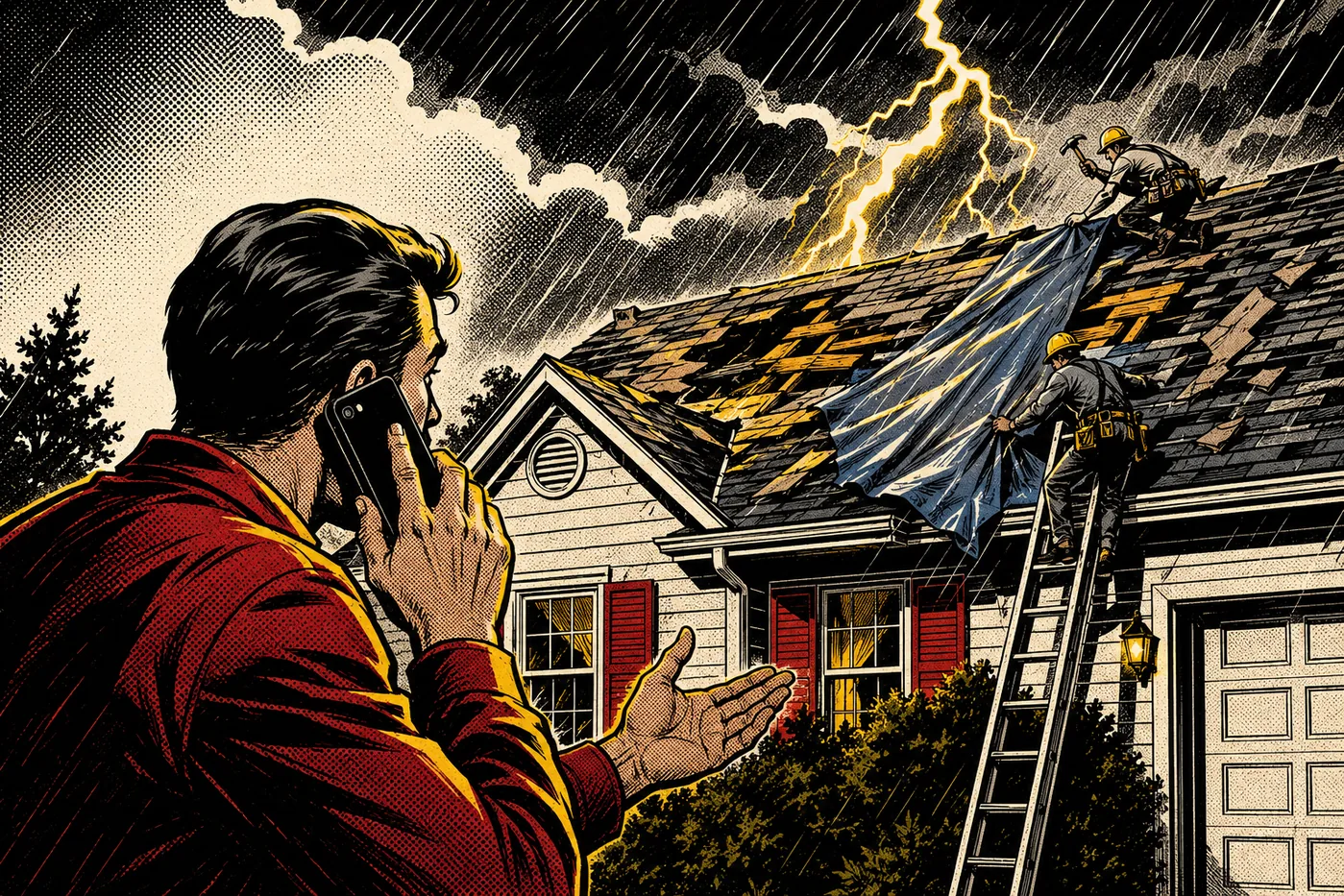 Homeowner filing an insurance claim while roofers cover storm damage with a tarp.