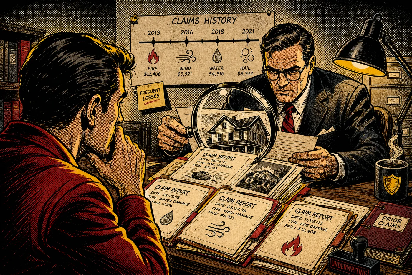 Insurance reviewer examining prior claim reports and a claims history timeline.