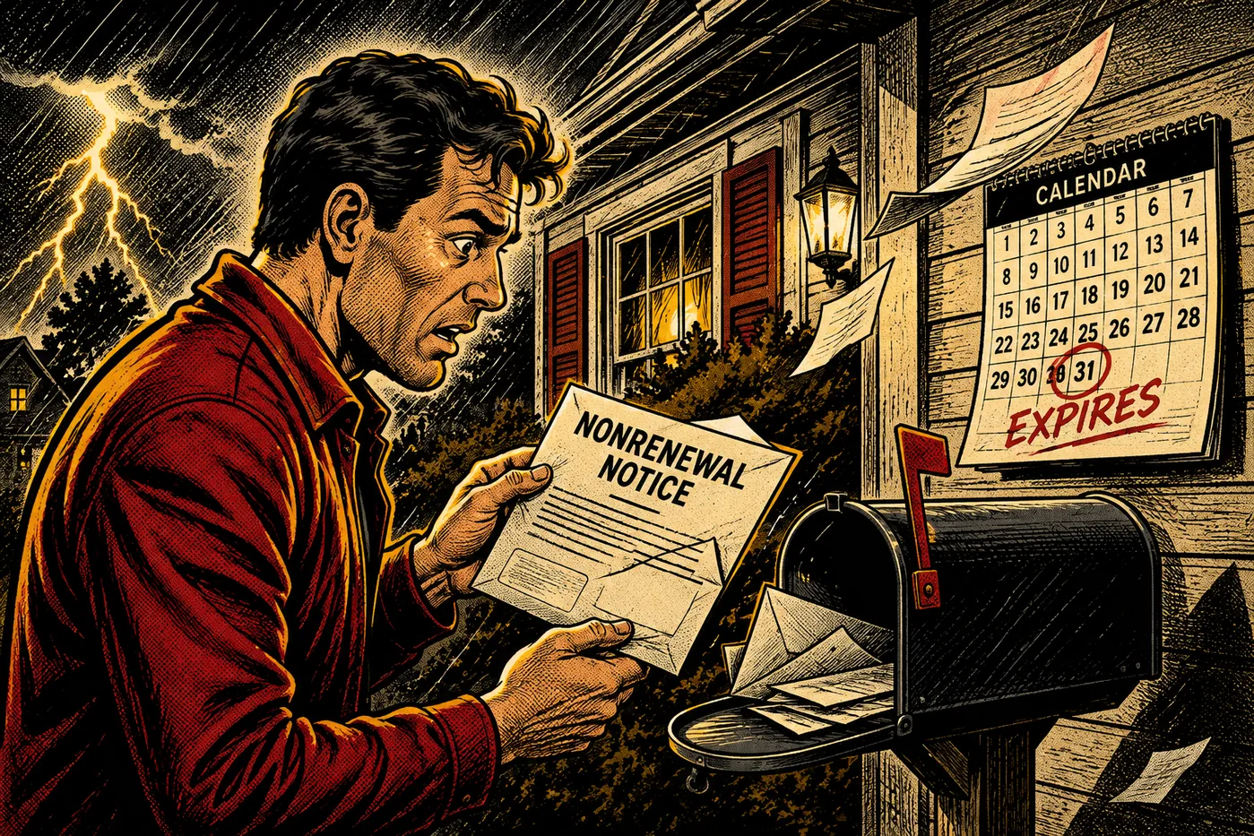 Homeowner reading a nonrenewal notice near a mailbox with an expiration date on a calendar.