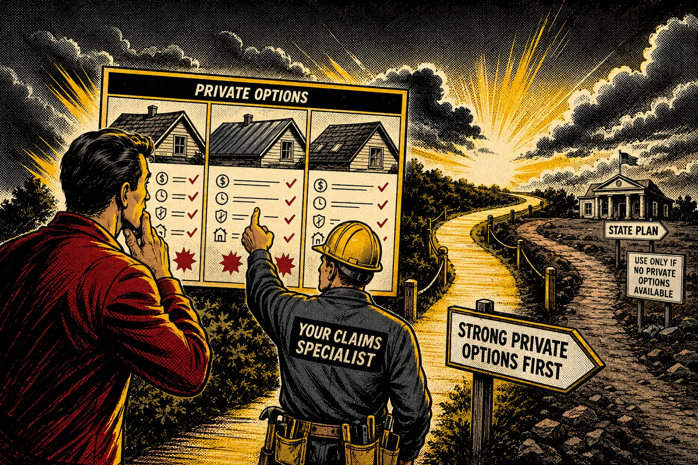 Homeowner and claims specialist comparing private insurance options before state-backed fallback options.