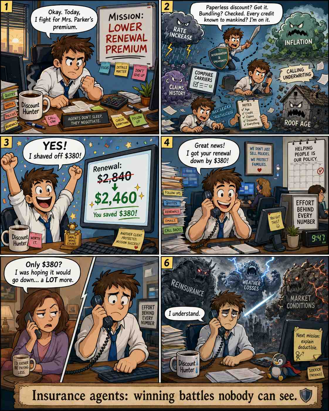 Six-panel comic titled "Winning Battles Nobody Can See." Panel 1: an insurance agent at his desk writes "Mission: Lower Renewal Premium" on a whiteboard and says he is fighting for Mrs. Parker's premium today. Panel 2: he applies every discount and calls underwriting while cartoon storm-cloud monsters labeled Rate Increase, Inflation, Claims History, and Roof Age loom around him. Panel 3: he cheers as his screen shows an illustrative renewal dropping from $2,840 to $2,460. Panel 4: he calls the homeowner with the news, in an office with signs reading "Helping people is our policy" and "Effort behind every number." Panel 5: the homeowner looks disappointed and says she hoped it would go down a lot more. Panel 6: the agent quietly says "I understand" as larger monsters labeled Reinsurance, Weather Losses, and Market Conditions tower behind him. Caption: "Insurance agents: winning battles nobody can see." Dollar amounts are illustrative examples, not a quote.