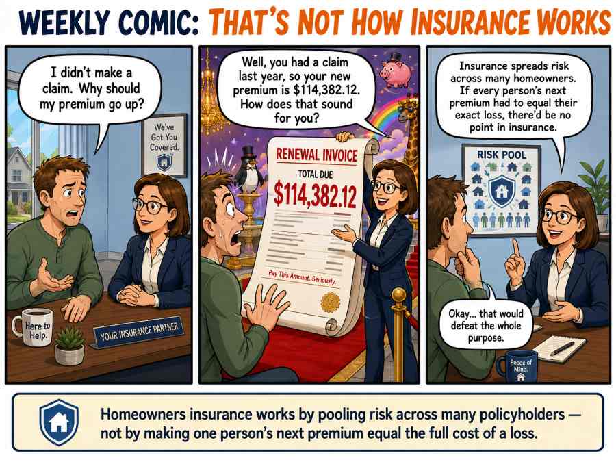 Three-panel comic titled "That's Not How Insurance Works." Panel 1: a worried homeowner sits across a desk from a smiling insurance agent and asks, "I didn't make a claim. Why should my premium go up?" Signs in the office read "We've Got You Covered" and "Your Insurance Partner." Panel 2: the agent unrolls an absurdly long renewal invoice showing a joke total due of $114,382.12, with a flying pig, a penguin in a top hat, and a rainbow in the background to signal the number is fantasy, and asks, "How does that sound for you?" Panel 3: standing beside a chart labeled "Risk Pool" showing many small houses and people, the agent explains, "Insurance spreads risk across many homeowners. If every person's next premium had to equal their exact loss, there'd be no point in insurance." The homeowner replies, "Okay... that would defeat the whole purpose." Caption bar: "Homeowners insurance works by pooling risk across many policyholders - not by making one person's next premium equal the full cost of a loss." The dollar amount is an illustrative joke, not a quote.