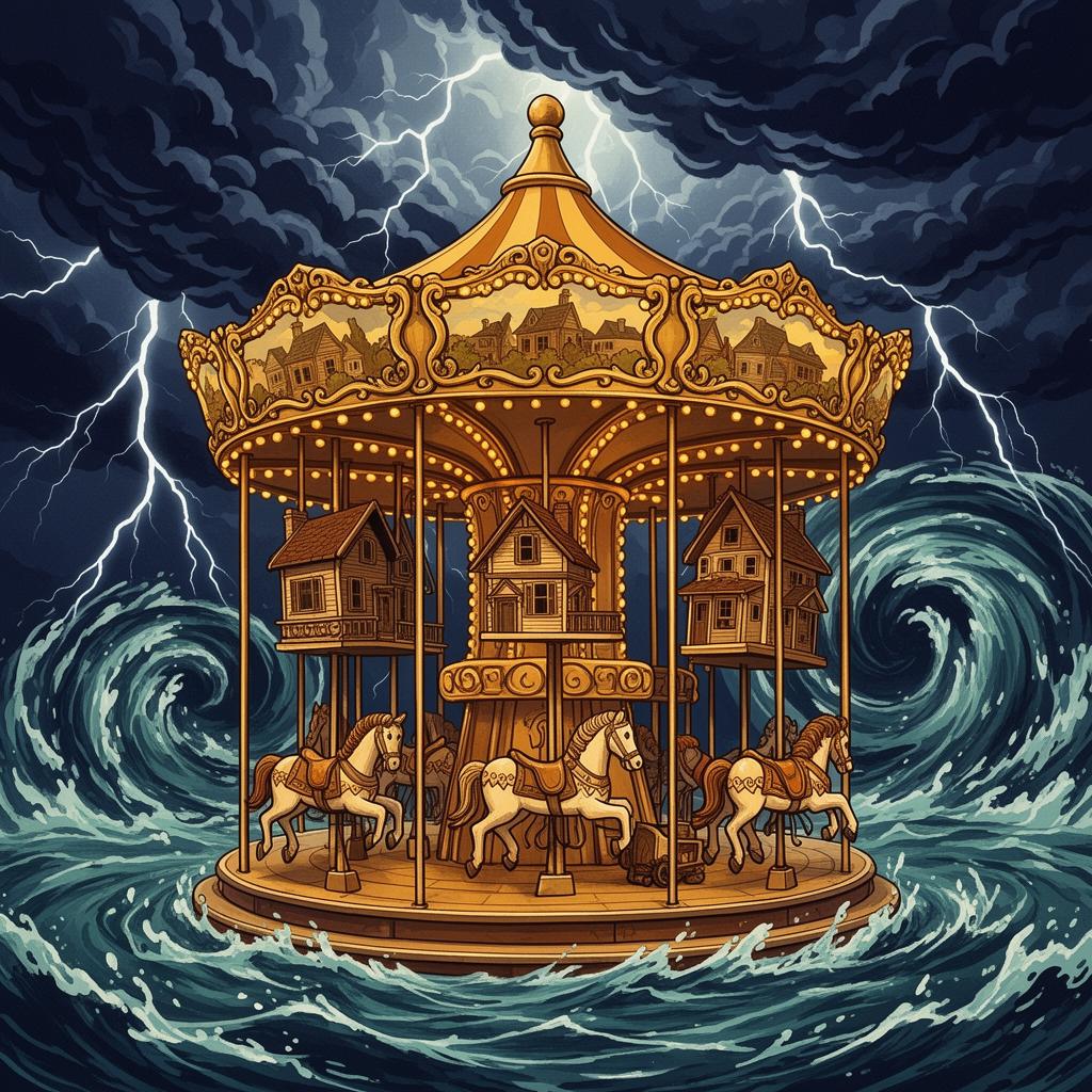 Vintage carousel with miniature houses surrounded by storm clouds and lightning