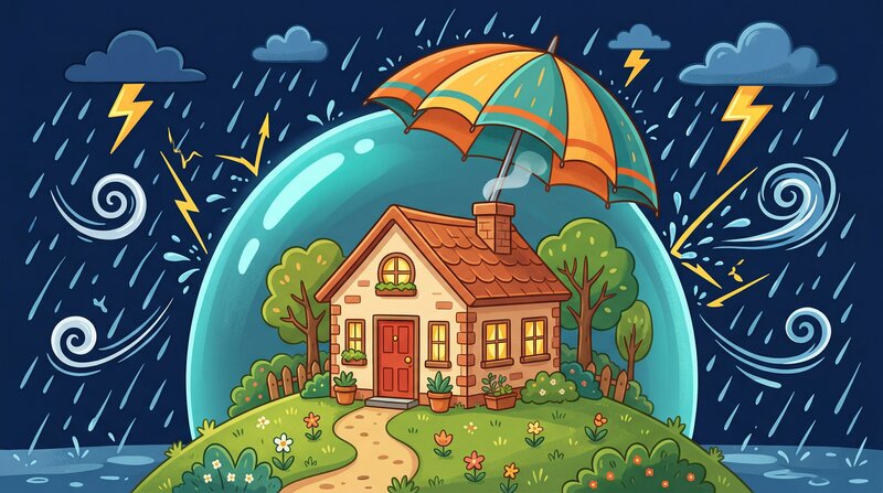 A cartoon house protected by a shield from weather