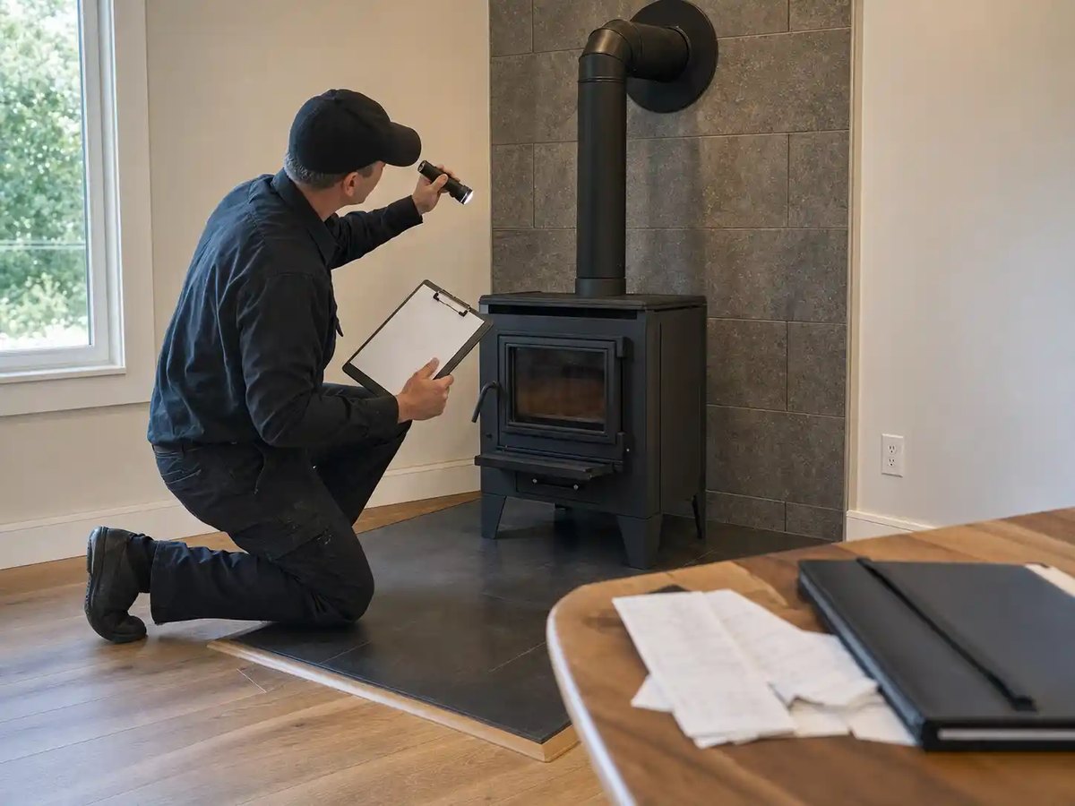 Chimney professional inspecting a wood stove flue and venting connection