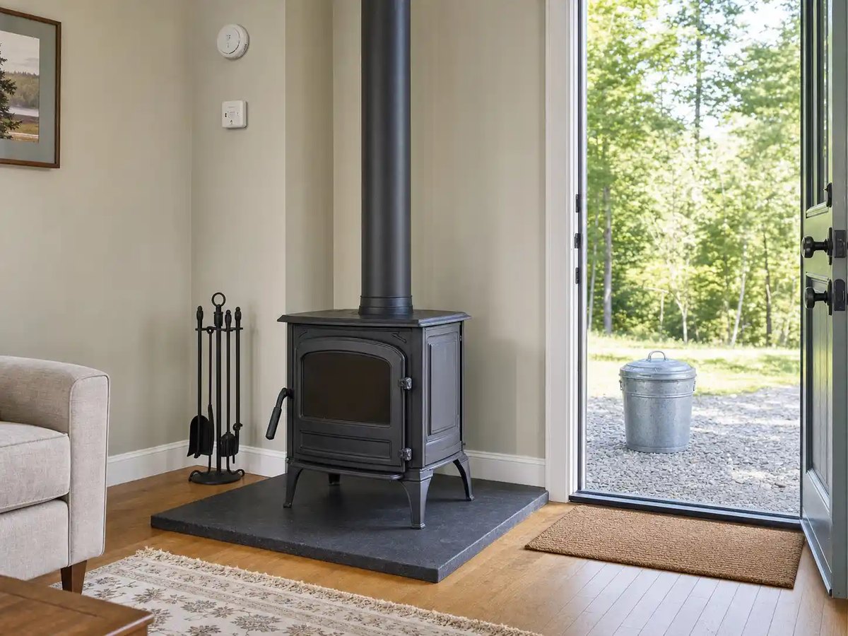 Clear wood stove area with a metal ash container positioned away from the home