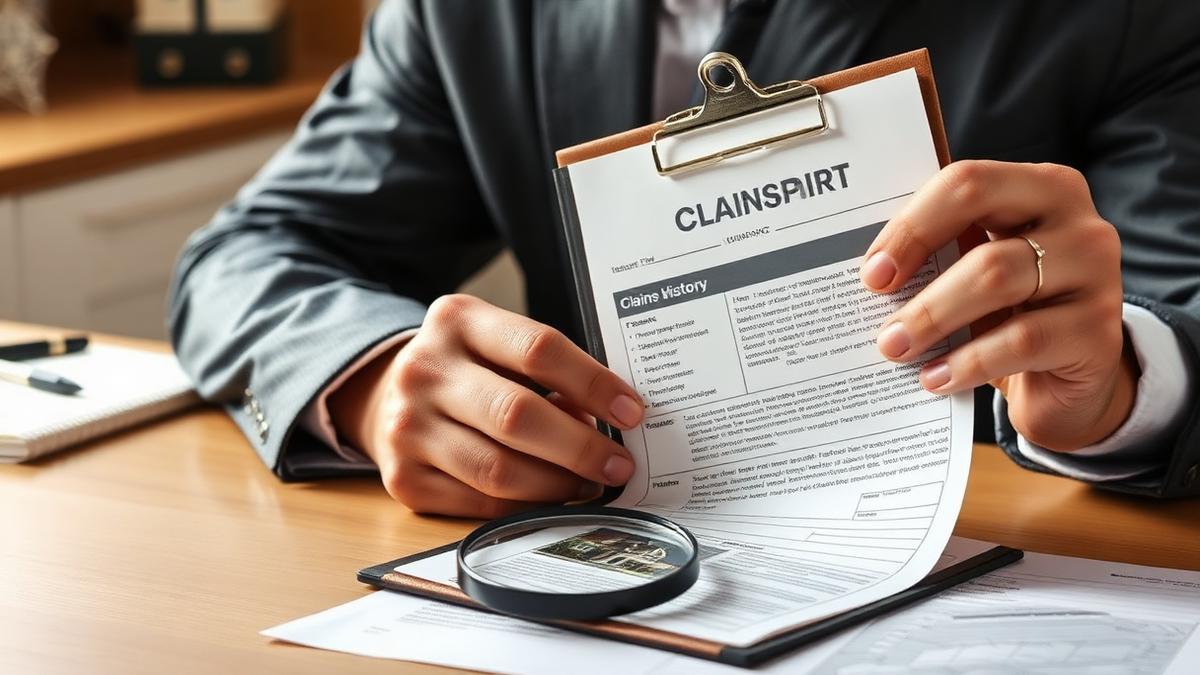 Insurance underwriter reviewing a CLUE-style claims history report with a house photo and magnifying glass on a desk