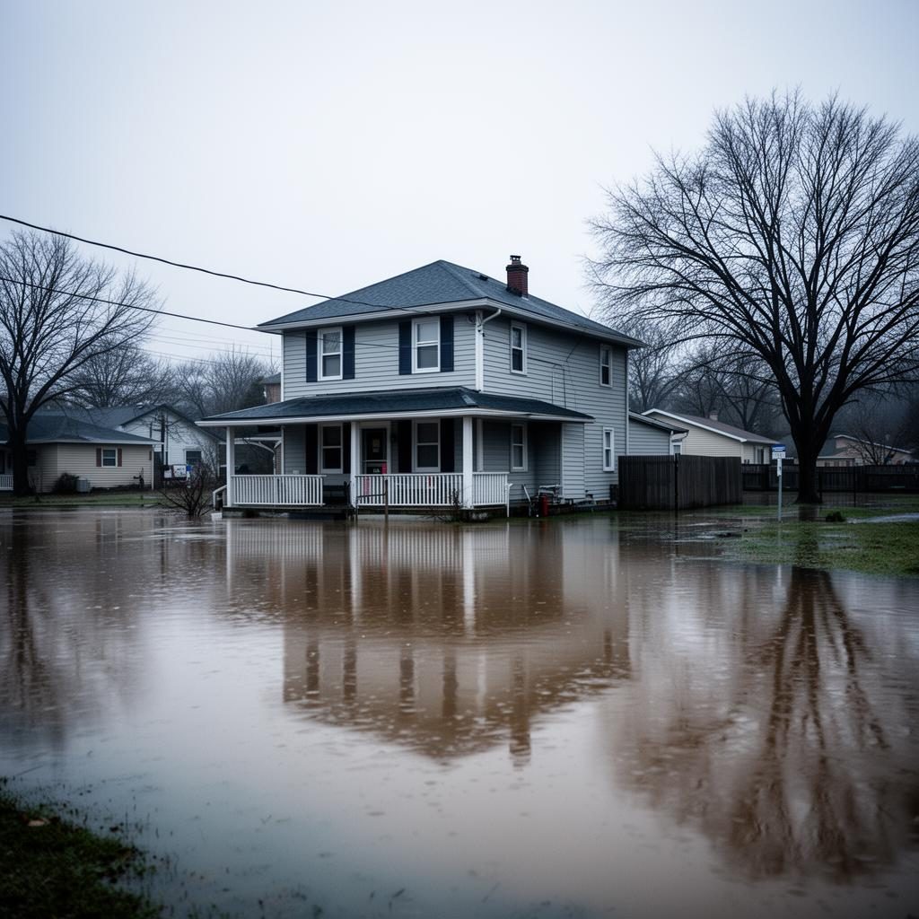 Flooded street with water reaching home foundations representing separate flood insurance coverage not included in homeowners