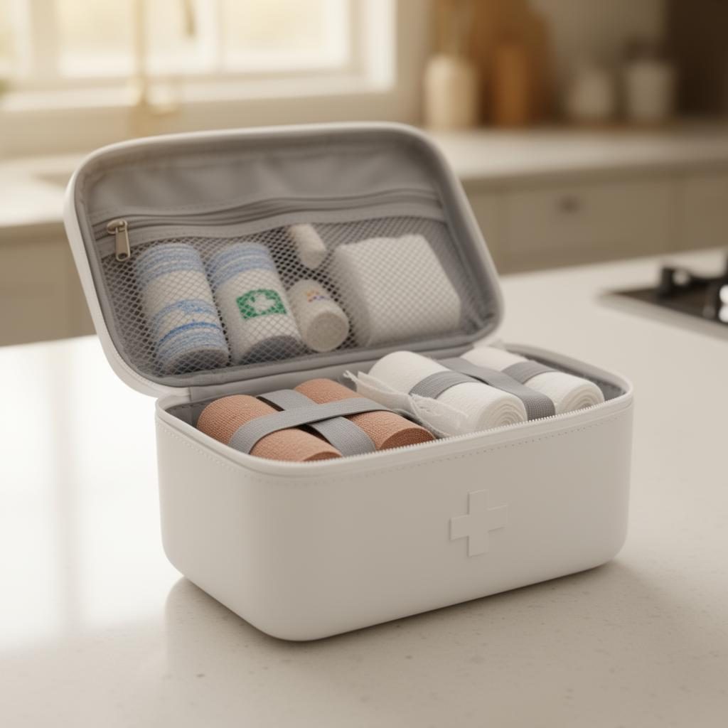 First aid kit on a kitchen counter representing Medical Payments to Others coverage on a homeowners policy