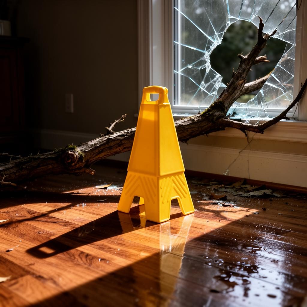 Wet floor caution sign and broken window representing homeowner negligence as a basis for a liability claim