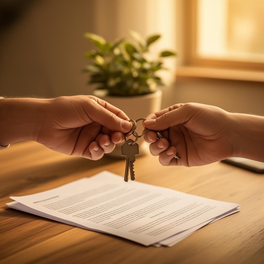 Two hands exchanging house keys with insurance renewal documents representing annual homeowners policy renewal