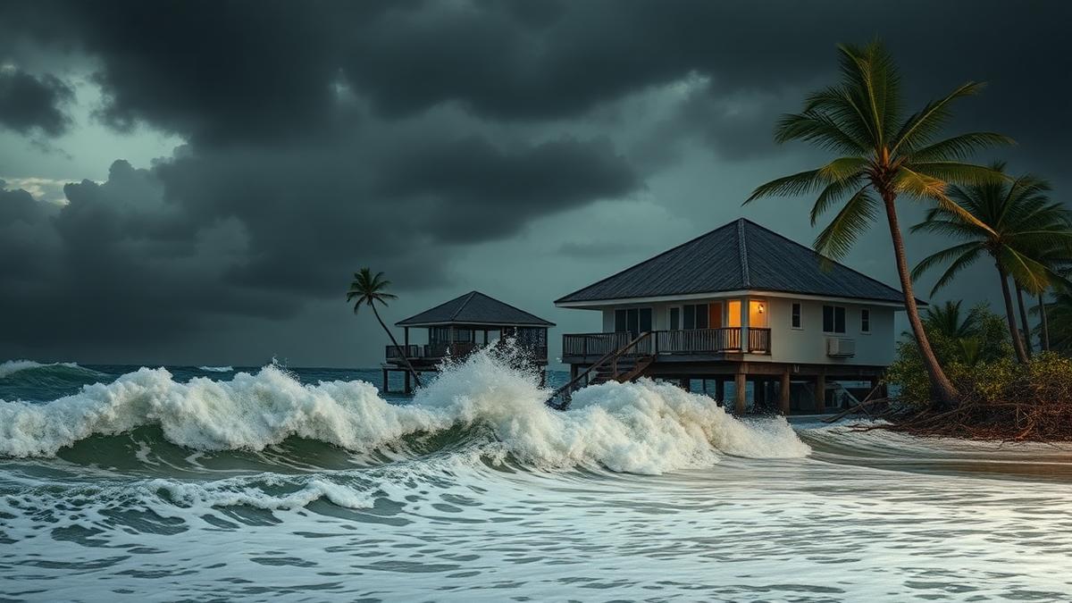Coastal home during a hurricane with seawater pushing ashore as storm surge, wind-blown palm trees under a dark sky